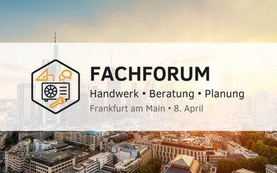 Das Bild zeigt das Logo eines Fachforums mit den Schwerpunkten Handwerk, Beratung und Planung. Der Text hebt die Veranstaltung hervor, die am 8. April in Frankfurt am Main stattfindet. Im Hintergrund ist eine Stadtlandschaft zu sehen.