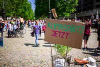 Eine Menschenmenge versammelt sich auf einer Pflasterstraße. Im Vordergrund steht ein Schild mit der Aufschrift „Klimaschutz jetzt“. Im Hintergrund sind weitere Teilnehmer zu sehen, einige mit Fahrrädern, und es ist sonnig mit Bäumen entlang der Straße.