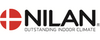 Das Bild zeigt das Logo der Firma Nilan. Es besteht aus einem roten Symbol, das eine stilisierte Darstellung von Luft oder Klima darstellt, und dem Schriftzug "NILAN" in schwarzer Schrift darunter. Darunter steht der Slogan "OUTSTANDING INDOOR CLIMATE".