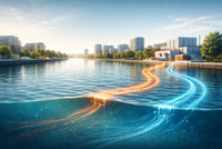 Ein ruhiger Fluss mit klaren Wasseroberflächen, der sich zwischen modernen Gebäuden und Bäumen erstreckt. Unter Wasser sind orangefarbene und blaue Strömungen sichtbar, die in verschiedenen Richtungen verlaufen. Am Ufer befinden sich einige Bauwerke und eine Uferpromenade.