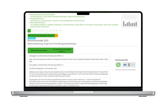 Auf einem Laptop-Bildschirm wird eine Branchenstudie für das Jahr 2025 angezeigt. Der Text umfasst Marktanalysen, Prognosen und Handlungsempfehlungen. Ein PDF-Download-Link ist vorhanden. Die Benutzeroberfläche zeigt Übersicht und Inhaltsverzeichnis der Studie an.