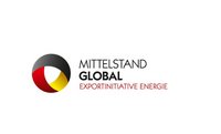 Logo von Mittelstand Global, das die Begriffe „Mittelstand Global“ und „Exportinitiative Energie“ zeigt. Das Design enthält eine stilisierte Grafik mit den Farben Schwarz, Rot und Gold, die an die deutschen Nationalfarben erinnert.