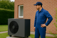 Ein Techniker in blauer Arbeitskleidung steht neben einer schwarzen Klimaanlage oder Wärmepumpe, die auf einem Podest platziert ist. Er schaut nachdenklich auf das Gerät, vor einer Backsteinwand in einem Garten.