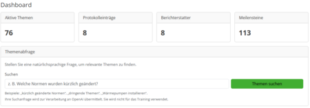 Dashboard mit vier Bereichen: aktive Themen (76), Protokolleinträge (8), Berichterstatter (8) und Meilensteine (113). Ein Textfeld für die Themenabfrage ist vorhanden, in dem Nutzer eine Frage stellen können, um relevante Themen zu finden. Ein Button zum Suchen von Themen ist ebenfalls sichtbar.