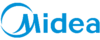 Das Bild zeigt das Logo von Midea, bestehend aus dem Wort "Midea" in blauer Schrift und einem stilisierten, runden Symbol, das eine Dynamik oder eine Welle darstellt. Das Design ist einfach und modern.