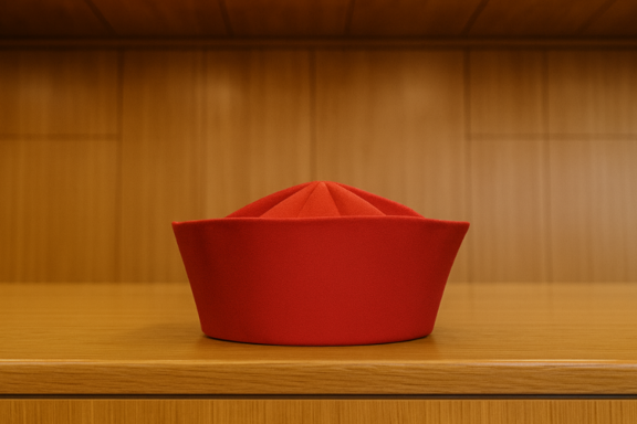 Ein roter Hut mit einer schlichten, runden Form steht auf einer Holzoberfläche. Der Hut hat eine klare Struktur, mit Falten, die zur Mitte hin verlaufen. Der Hintergrund ist unscharf und zeigt Holzregale.
