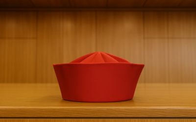Ein roter Hut mit einer schlichten, runden Form steht auf einer Holzoberfläche. Der Hut hat eine klare Struktur, mit Falten, die zur Mitte hin verlaufen. Der Hintergrund ist unscharf und zeigt Holzregale.