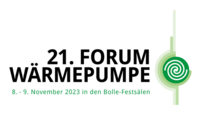 Das Bild zeigt das Logo für das "21. Forum Wärmepumpe", das vom 8. bis 9. November 2023 in den Bolle-Festsälen stattfindet.