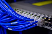 Ein Netzwerk-Switch mit mehreren blauen Ethernet-Kabeln, die angeschlossen sind. Die Kabel sind ordentlich in Reihen angeordnet, und einige Leuchtanzeigen am Switch sind aktiv, was auf eine funktionierende Verbindung hinweist.
