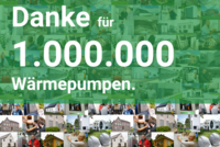 Die Grafik bedankt sich für eine Million installierte Wärmepumpen. Der Hintergrund zeigt verschiedene Gebäude und Installationen, die die Nutzung dieser Technologie verdeutlichen. Der Text ist groß und deutlich, um die Botschaft hervorzuheben.
