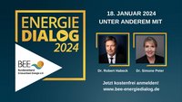Ein Banner für den "Energiedialog 2024" am 18. Januar 2024. Abgebildet sind Dr. Robert Habeck und Dr. Simone Peter. Informationen zur kostenlosen Anmeldung sind angegeben.