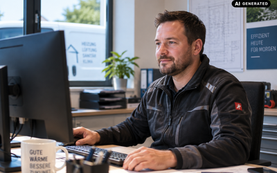 Ein Mann sitzt an einem Schreibtisch vor einem Computer. Er trägt eine schwarze Jacke und sieht konzentriert auf den Bildschirm. Auf dem Tisch steht eine Tasse mit der Aufschrift "GUTE WARMEE BESSERE ZUKUNFT". Im Hintergrund sind Pflanzen und Büromaterialien sichtbar.
