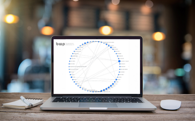 Ein Laptop zeigt ein Diagramm mit blauen Punkten, das verschiedene Elemente in einem kreisförmigen Layout verbindet. Daneben befindet sich ein Notizblock und eine Maus auf einem Holztisch. Im Hintergrund sind verschwommene Lichtquellen und eine belebte Umgebung sichtbar.