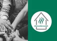Hände unterschiedlicher Menschen, die sich zusammenschließen, symbolisieren Gemeinschaft und Unterstützung. Auf der rechten Seite befindet sich ein Logo mit einem Haus und dem Slogan „#GrüneWärmehilft“, das eine Initiative für Hilfe und Solidarität darstellt.