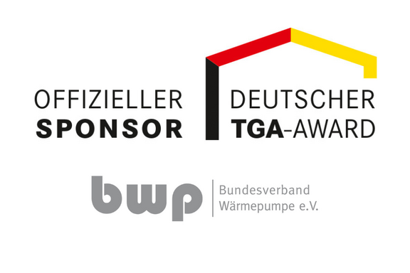 Logo des Deutschen TGA-Awards, das den offiziellen Sponsor, den Bundesverband Wärmepumpe e.V. (bwp), präsentiert. Die textliche Darstellung umfasst „Offizieller Sponsor“ und „Deutscher TGA-Award“ in markanten Schriftarten. Oben ist die deutsche Flagge angedeutet.