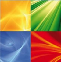 Vier quadratische Abschnitte mit verschiedenen Farbhintergründen: oben links orange, oben rechts grün, unten links blau und unten rechts rot. Jeder Abschnitt zeigt sanfte Lichtstrahlen und weich fließende Formen, die eine dynamische und energetische Atmosphäre vermitteln.