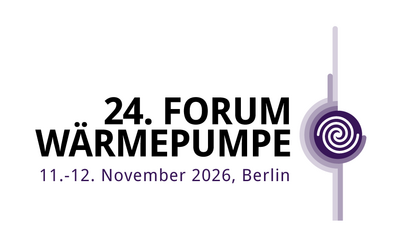 Logo des 24. Forums Wärmepumpe, das am 11. und 12. November 2026 in Berlin stattfindet. Es zeigt den Titel in schwarzer Schrift mit lila Akzenten und einem grafischen Symbol, das eine Wärmepumpe darstellt.