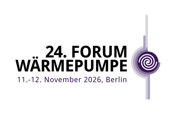 Logo des 24. Forums Wärmepumpe, das am 11. und 12. November 2026 in Berlin stattfindet. Es zeigt den Titel in schwarzer Schrift mit lila Akzenten und einem grafischen Symbol, das eine Wärmepumpe darstellt.