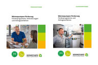 Zwei informative Buchcover zum Thema Wärmepumpenförderung. Links ein Mann und eine Frau in einem Gespräch über Förderprogramme. Rechts ein Mann, der an einem Wärmepumpensystem arbeitet. Beide Cover beinhalten den Titel und Logos zur Unterstützung von Wärmepumpen.