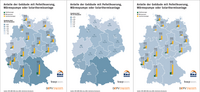 Die Abbildung zeigt eine Karte Deutschlands, die den Anteil von Gebäuden mit Pelletfeuerung, Wärmepumpen und Solarthermieanlagen in verschiedenen Regionen darstellt. Die Anteile sind nach Bundesländern farblich kodiert und quantifiziert.