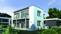 Ein modernes, zweistöckiges Wohnhaus mit großen Fenstern und einem Balkon. Das Gebäude hat eine helle Fassade und ist von einem gepflegten Garten mit Büschen und Pflanzen umgeben. Im Hintergrund sind weitere Häuser sichtbar.
