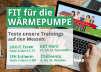 Grafik mit dem Titel "FIT für die WÄRMEPUMPE". Informationen zu Trainings auf Messen: SHK+E Essen, IFH Intherm, GET Nord und Chillventa. Das Design enthält einen Laptop mit einem spielerischen Bildschirmhintergrund und den Namen des Bundesverbands Wärmepumpe e.V.