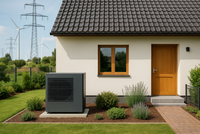 Ein modernes Haus mit einem grauen Wärmepumpensystem im Vordergrund. Der Garten ist gepflegt mit verschiedenen Sträuchern. Im Hintergrund sind Windkraftanlagen zu sehen, die auf erneuerbare Energie hinweisen. Es ist ein sonniger Tag mit grünem Gras und Blumen.