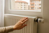 Eine Hand berührt einen Heizkörper, während Licht durch ein Fenster scheint. Im Hintergrund sind Gebäude sichtbar. Die Hand deutet darauf hin, dass die Temperatur kontrolliert wird oder dass der Heizkörper in Betrieb ist.