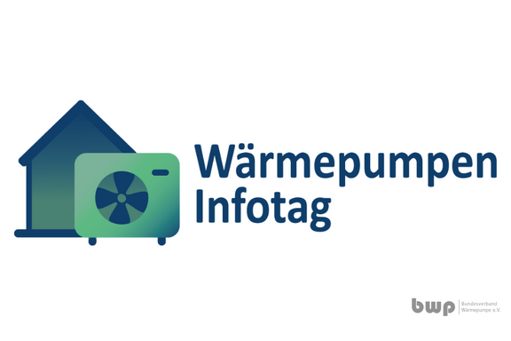 Grafik mit einem Haus und einer Wärmepumpe. Der Text "Wärmepumpen Infotag" ist prominent platziert. Die Farben sind in Blautönen gehalten.