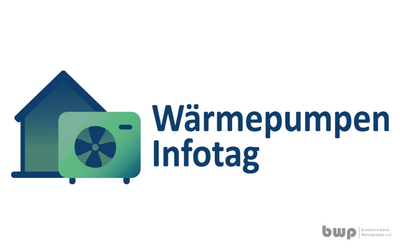 Grafik mit einem Haus und einer Wärmepumpe. Der Text "Wärmepumpen Infotag" ist prominent platziert. Die Farben sind in Blautönen gehalten.