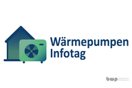 Grafik mit einem Haus und einer Wärmepumpe. Der Text "Wärmepumpen Infotag" ist prominent platziert. Die Farben sind in Blautönen gehalten.