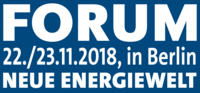 Das Bild zeigt einen Text mit der Aufschrift "FORUM" in großen Buchstaben, gefolgt von einem Datum: "22./23.11.2018", und dem Veranstaltungsort "in Berlin". Darunter steht "NEUE ENERGIEWELT". Der Hintergrund ist blau.