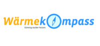 Logo von "Wärmekompass" in orange und blau, mit einem Kompasssymbol. Slogan: "Günstig sauber heizen." Der Fokus liegt auf der Förderung von kostengünstigen und umweltfreundlichen Heizlösungen.