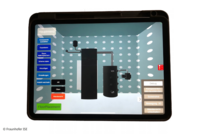 Ein Tablet-Bildschirm zeigt eine grafische Benutzeroberfläche mit einem 3D-Modell in einem Raum. Es sind Schaltflächen für verschiedene Funktionen, darunter Menüs und Einstellungen, sichtbar. Das Design ist technisch und schematisch, mit wabenförmigen Mustern im Hintergrund.