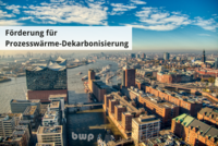 Luftansicht einer Stadt mit einem großen Gewässer. Im Vordergrund sind moderne Gebäude zu sehen. Ein Text in der oberen linken Ecke kündigt die „Förderung für Prozesswärme-Dekarbonisierung“ an. Der Himmel ist klar mit wenigen Wolken.