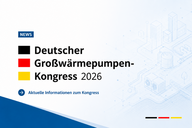 Grafik zum Deutschen Großwärmepumpen-Kongress 2026. Oben steht „NEWS“, gefolgt von „Deutscher Großwärmepumpen-Kongress 2026“. Ein Pfeil weist auf aktuelle Informationen zum Kongress hin. Die Farben Schwarz, Rot und Gelb deuten auf die deutsche Flagge hin.