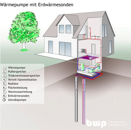 Eine schematische Darstellung einer Wärmepumpe mit Erdwärmesonden. Das Diagramm zeigt die verschiedenen Komponenten, einschließlich der Wärmepumpe, des Pufferspeichers und der Erdwärmesonden, sowie deren Verbindungsleitungen und Anordnung im und um ein Haus.