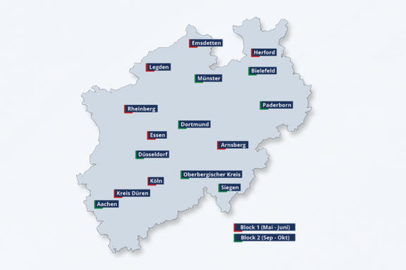 Eine Karte von Nordrhein-Westfalen, Deutschland, mit Städten wie Dortmund, Essen und Köln. Die Karte ist in zwei Blöcke unterteilt: Block 1 (Mai-Juni) und Block 2 (Sept-Okt), jeweils farblich hervorgehoben.