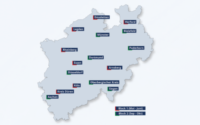 Eine Karte von Nordrhein-Westfalen, Deutschland, mit Städten wie Dortmund, Essen und Köln. Die Karte ist in zwei Blöcke unterteilt: Block 1 (Mai-Juni) und Block 2 (Sept-Okt), jeweils farblich hervorgehoben.