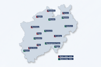 Eine Karte von Nordrhein-Westfalen, Deutschland, mit Städten wie Dortmund, Essen und Köln. Die Karte ist in zwei Blöcke unterteilt: Block 1 (Mai-Juni) und Block 2 (Sept-Okt), jeweils farblich hervorgehoben.
