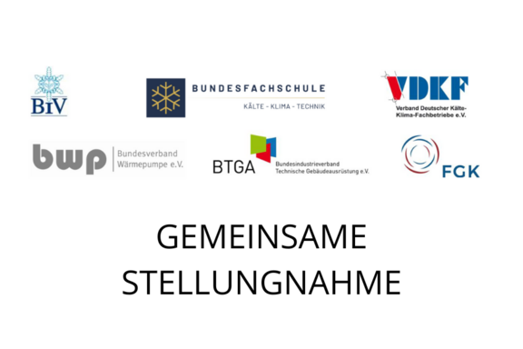 Die Grafik zeigt Logos verschiedener Organisationen im Bereich Kälte-, Klima- und Wärmetechnik. In der Mitte steht in großen Buchstaben "Gemeinsame Stellungnahme", was auf eine gemeinsame Erklärung oder Position dieser Verbände hinweist.