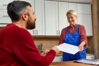 Eine Frau in blauer Arbeitskleidung reicht einem Mann, der einen roten Pullover trägt, ein Blatt Papier. Sie lächelt freundlich, während er ihr aufmerksam zusieht. Die Szene spielt in einer modernen Küche mit hellen Schränken.