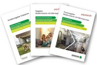 Drei Ratgeber zum Thema Erdwärme und Wärmepumpen liegen übereinander. Die Titel umfassen "Kundenratgeber Erdwärme", "Ratgeber Modernisieren mit Wärmepumpe" und "Praxisratgeber Modernisieren mit Wärmepumpe". Die Ratgeber bieten Informationen, Tipps und praktische Anleitungen für Hausbesitzer und Handwerker.