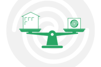 Eine Waage in der Mitte zeigt auf der linken Seite ein stilisiertes Haus und auf der rechten Seite einen Computerbildschirm mit einem spiralförmigen Muster. Der Hintergrund hat eine spiralförmige Linie, die eine gewisse Dynamik vermittelt.