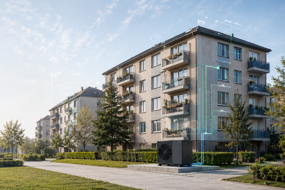 Moderne Wohngebäude mit Balkonen sind von einem gepflegten Park umgeben. Im Vordergrund steht eine große Klimaanlage, die durch digitale Elemente ergänzt wird, die ihre Funktion oder Effizienz symbolisieren. Der Himmel ist klar und die Pflanzen sind grün und lebendig.