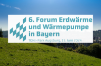 Text: "Ankündigung des 6. Forums Erdwärme und Wärmepumpe in Bayern, das am 13. Juni 2024 im TONI-Park in Augsburg stattfindet."