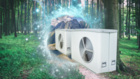 Zwei moderne Klimaanlagen stehen in einem Wald. Im Hintergrund sind Bergspitzen und ein magischer Lichteffekt sichtbar, der eine Verbindung zur Natur darstellt. Die Szene betont die Harmonie zwischen Technologie und der natürlichen Umgebung.