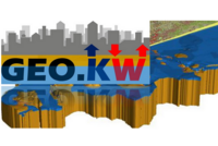Grafik zeigt eine stilisierte Karte mit einer blauen Darstellung von Wasser und landwirtschaftlichen Flächen. Oben sind die Konturen einer Stadt in Grau sowie das Logo "GEO.KW" in kräftigen Farben zu sehen. Das Design vermittelt Informationen zu geographischen Themen.