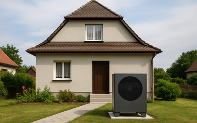 Ein helles, zweigeschossiges Haus mit einem braunen Satteldach steht in einem gepflegten Garten. Vor dem Haus befindet sich eine moderne Wärmepumpe, die neben dem Weg positioniert ist. Grünes Gras und Sträucher umgeben die Szenerie.