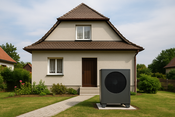 Ein helles, zweigeschossiges Haus mit einem braunen Satteldach steht in einem gepflegten Garten. Vor dem Haus befindet sich eine moderne Wärmepumpe, die neben dem Weg positioniert ist. Grünes Gras und Sträucher umgeben die Szenerie.